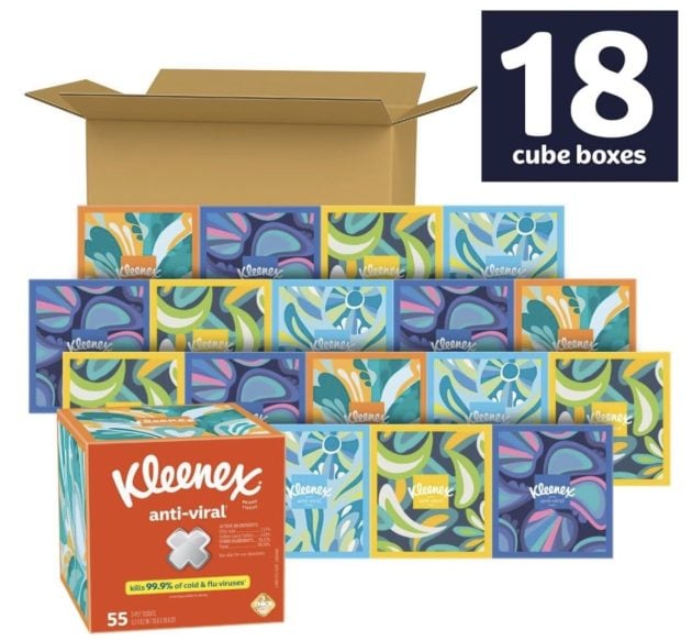 Kleenex Anti-Viral Facial Tissues, Classroom or Office Tissue, 18 Cube Boxes
